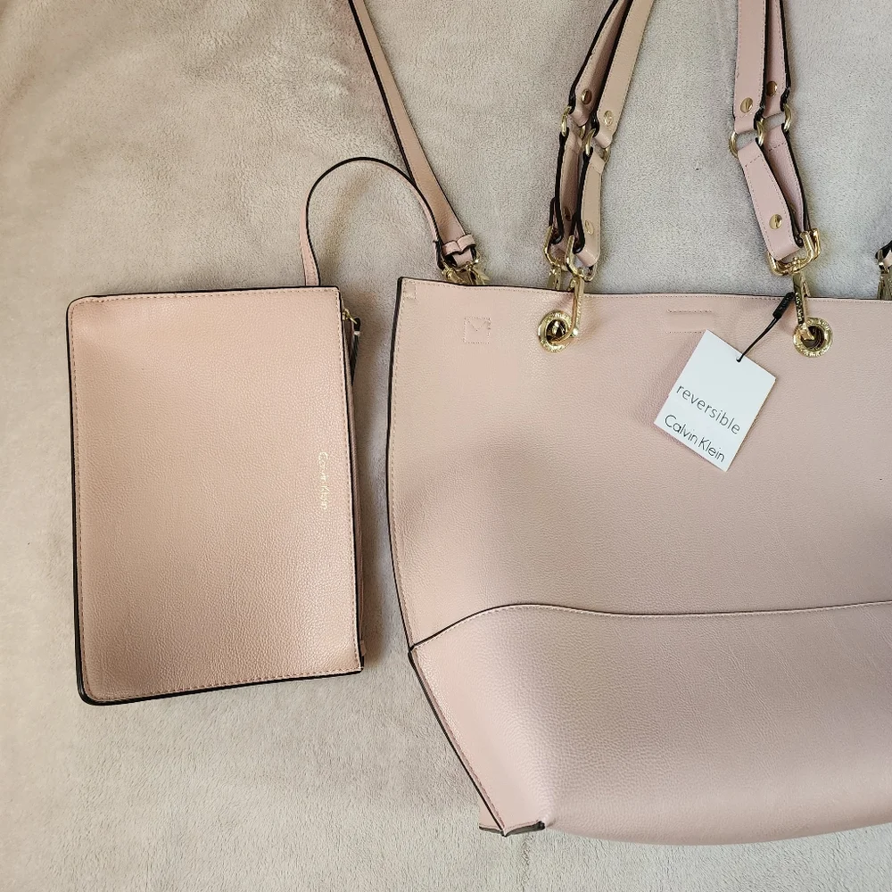 New Calvin Klein Pale Pink Leather R-kitote Tote Bag Gold Wardware